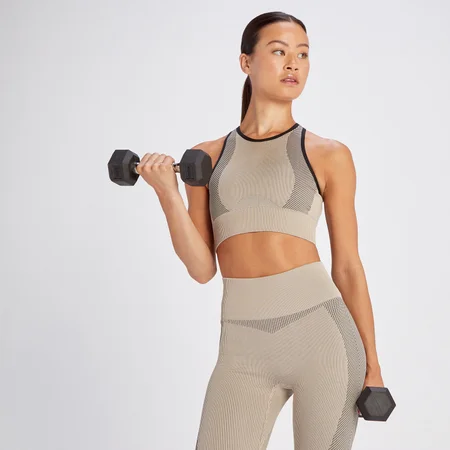 MP moteriška kontrastinė briaunota „Contrast Rib Seamless“ sportinė liemenėlė – Sezamo/juoda