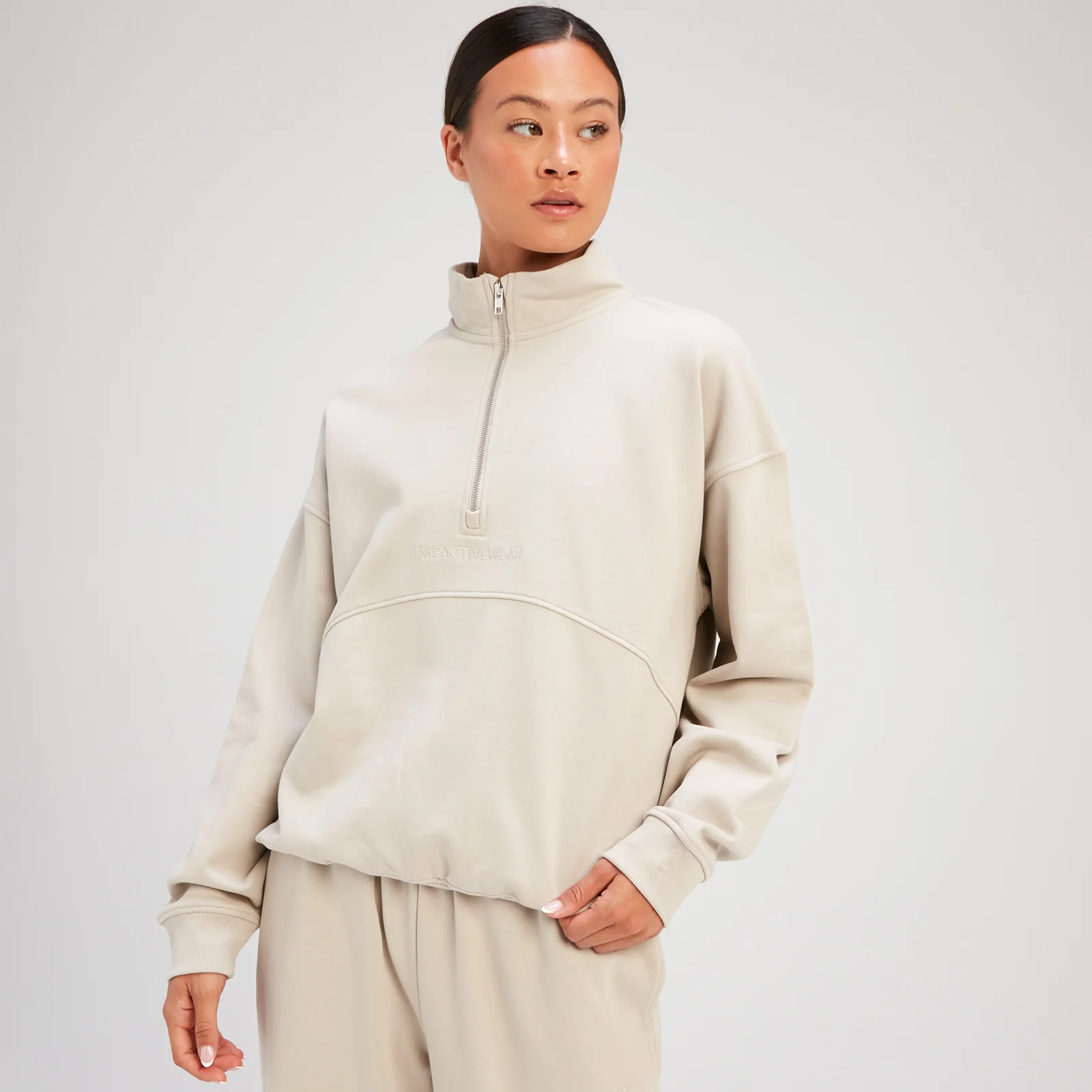 MP moteriškas „Rest Day“ megztinis su 1/4 užtrauktuku – Drobės pilka - XS vaizdas 1