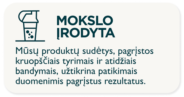 MOKSLO ĮRODYTA Mūsų produktų sudėtys, pagrįstos kruopščiais tyrimais ir atidžiais bandymais, užtikrina patikimais duomenimis pagrįstus rezultatus.