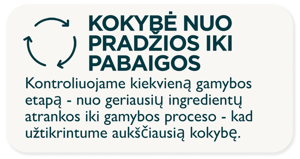 KOKYBĖ NUO PRADŽIOS IKI PABAIGOS Kontroliuojame kiekvieną gamybos etapą - nuo geriausių ingredientų atrankos iki gamybos proceso - kad užtikrintume aukščiausią kokybę.